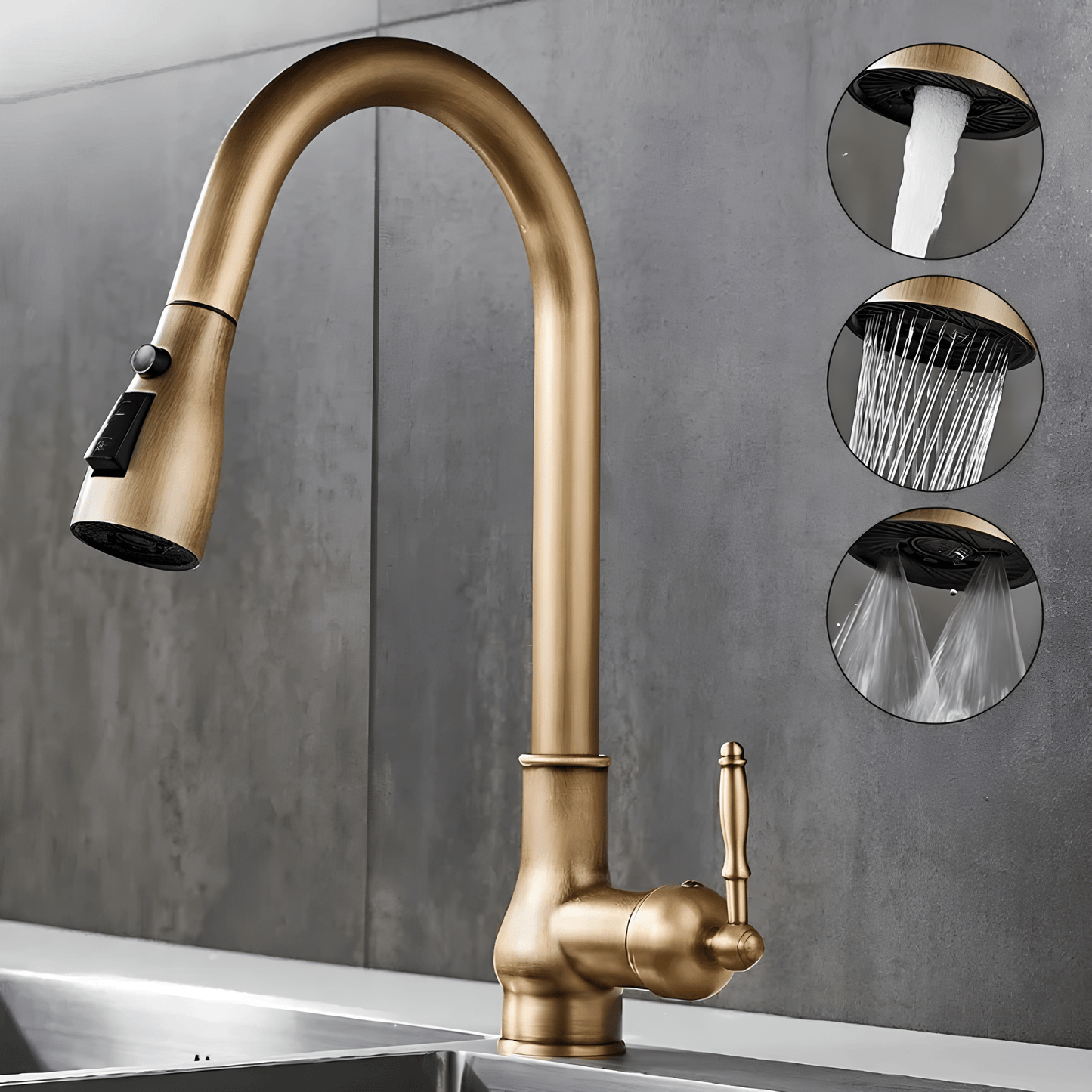 Robinet cuisine bronze antique – bec rétractable et eau chaude froide