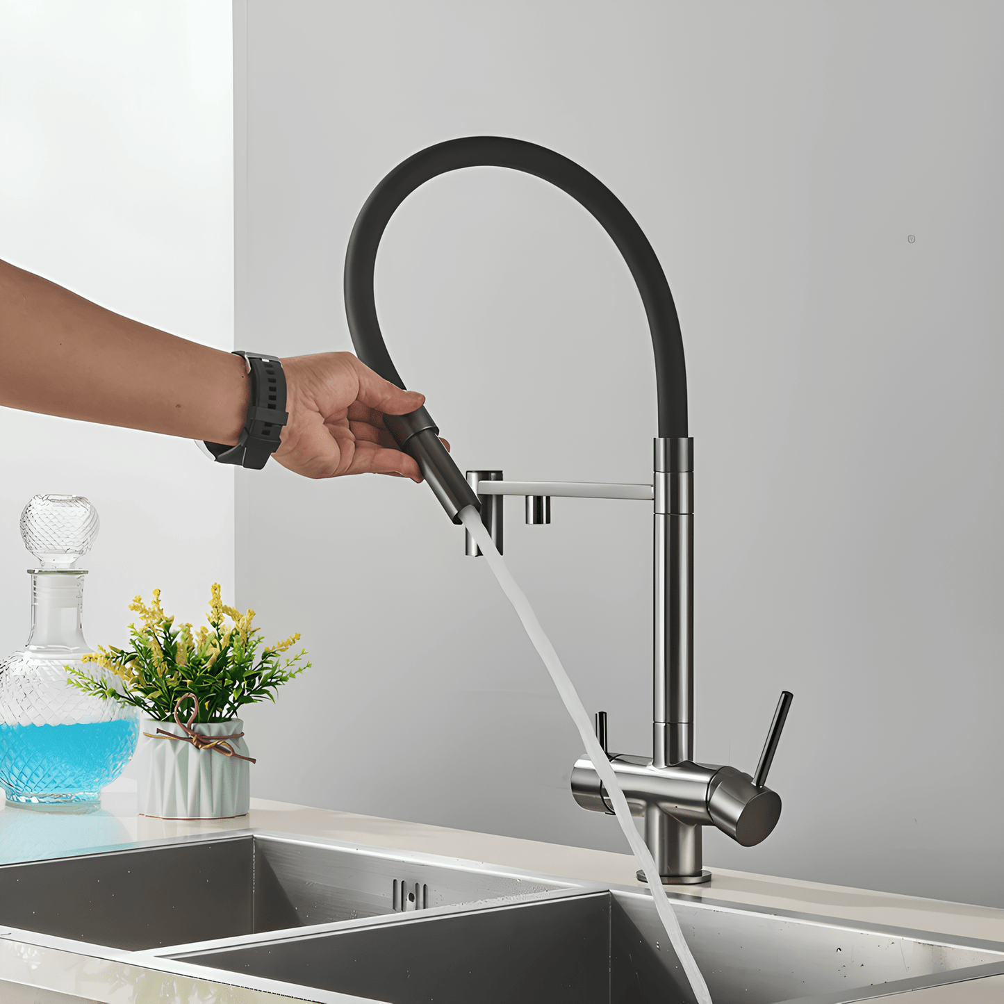 Robinet cuisine douchette – eau filtrée + eau chaude/froide