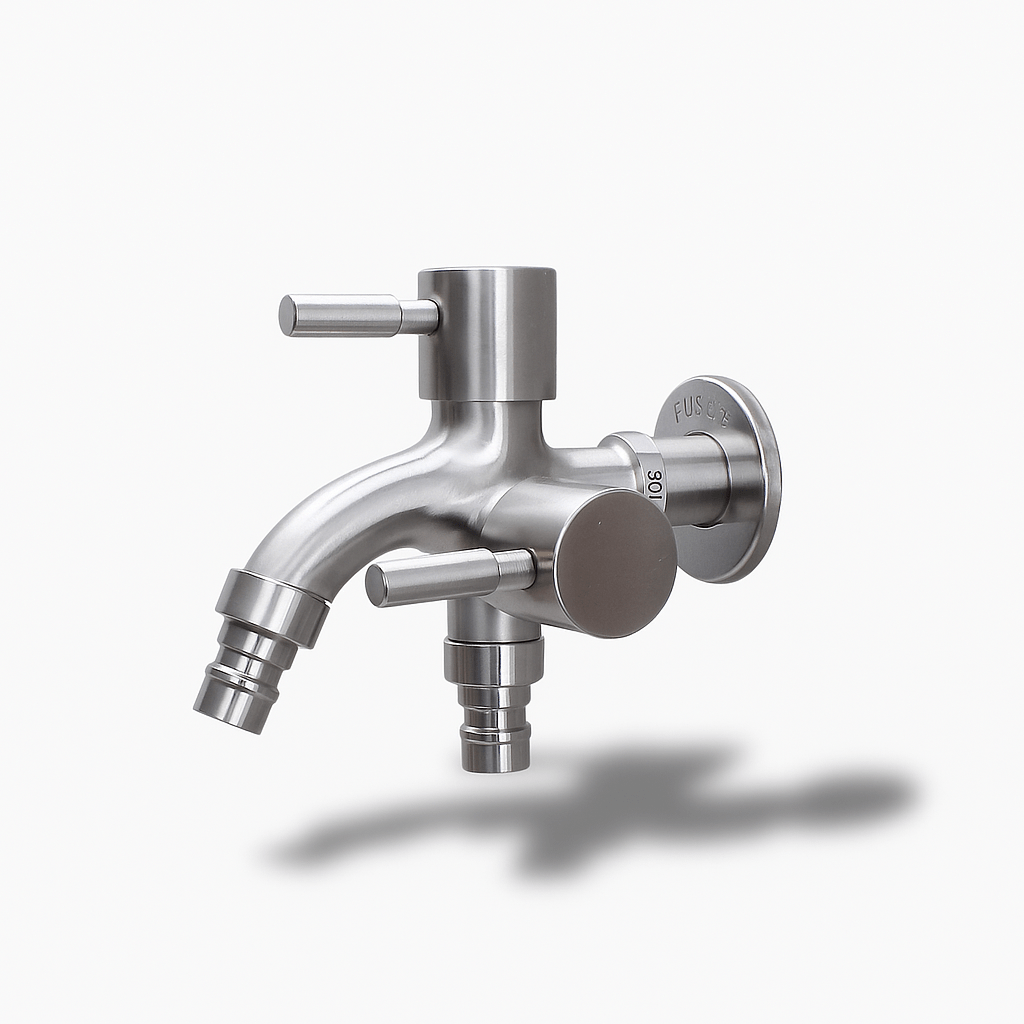 Robinet inoxydable 304 double sortie mural | Robinet machine à laver & jardin
