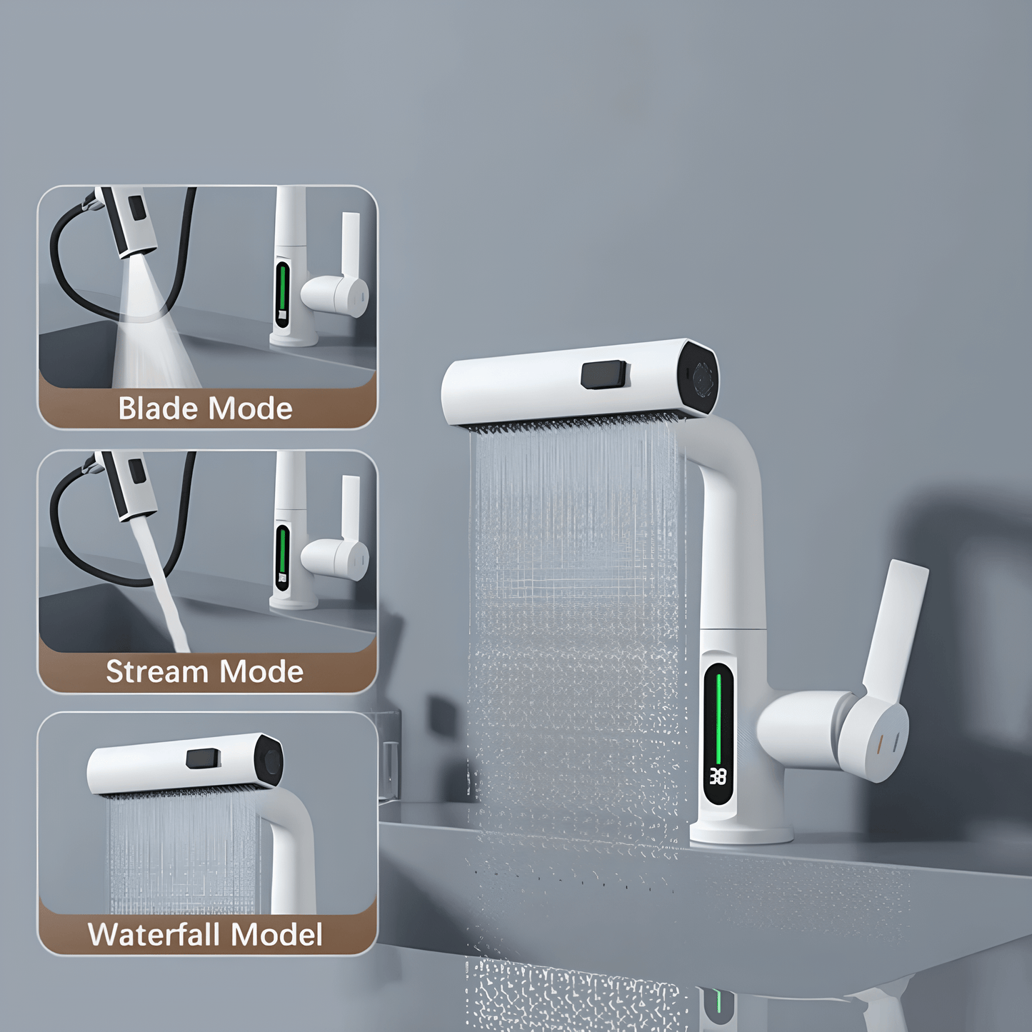 Robinet mitigeur salle de bain avec affichage – Cascade rotative en inox