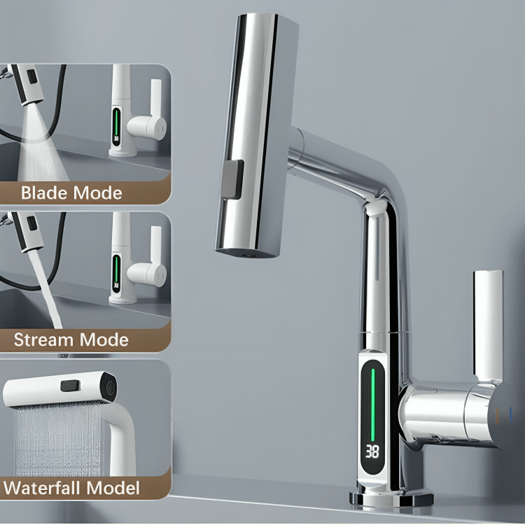 Robinet mitigeur salle de bain avec affichage – Cascade rotative en inox