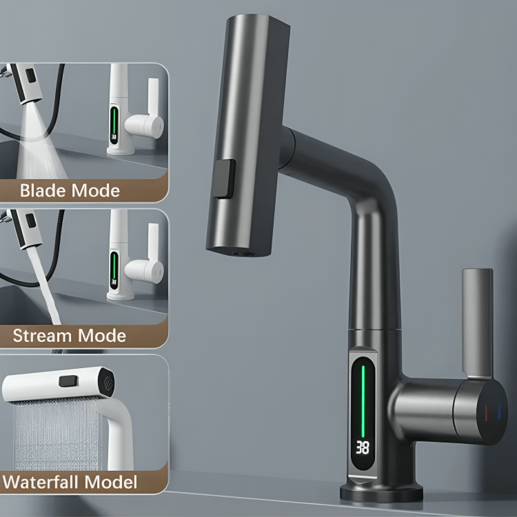 Robinet mitigeur salle de bain avec affichage – Cascade rotative en inox