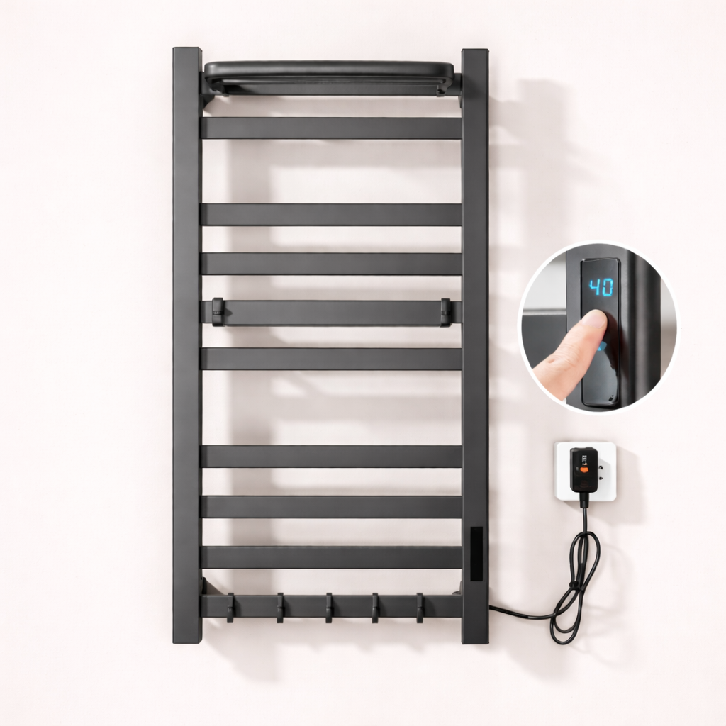 Sèche-serviette Électrique Noir Mat en Acier Inoxydable - Contrôle Tactile & Pliable