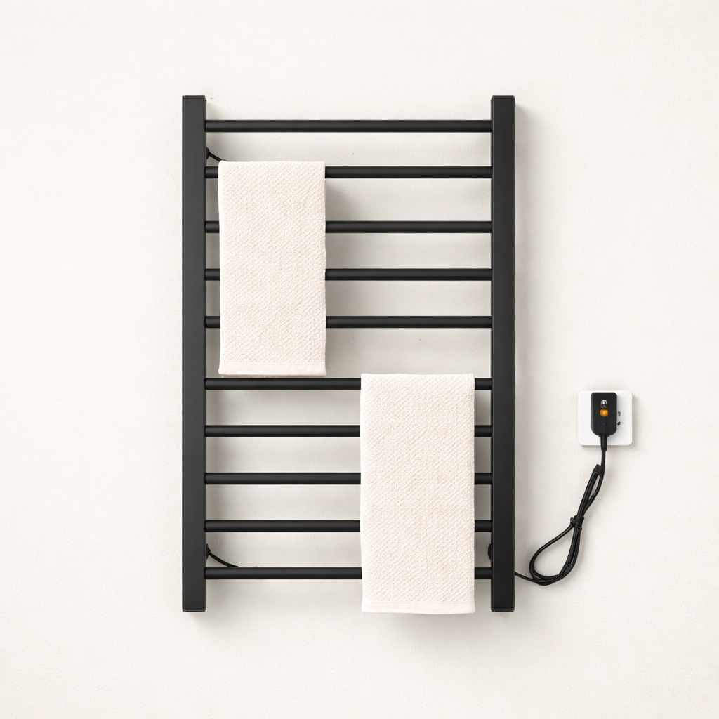 Porte-serviettes Électrique Noir Design - Thermostat Intelligent & Étagère Pliable