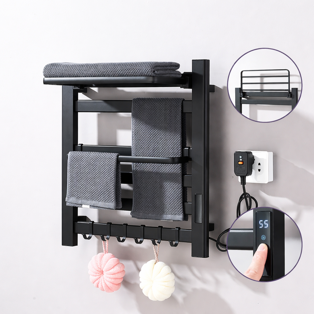 Sèche-serviette Électrique Noir Mat en Acier Inoxydable - Contrôle Tactile & Pliable