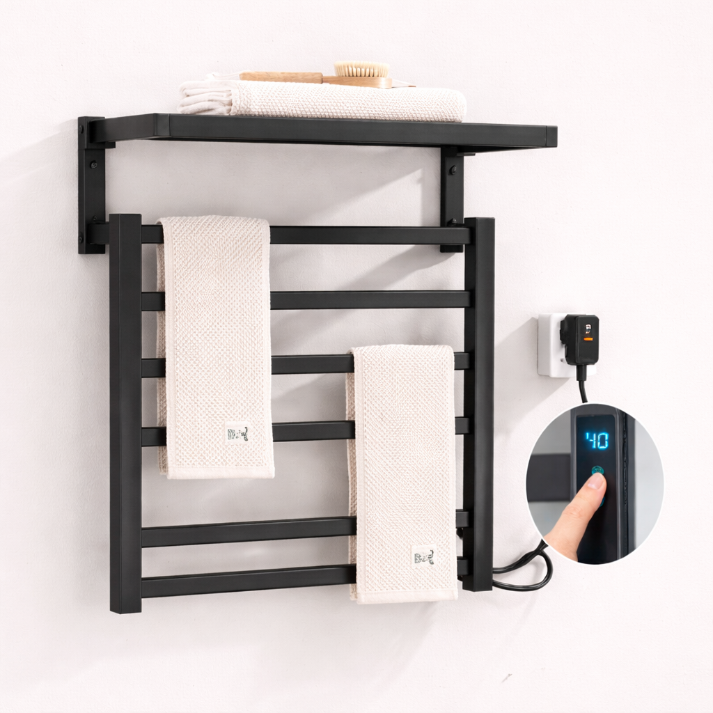 Sèche-serviette Électrique Noir Mat en Acier Inoxydable - Contrôle Tactile & Pliable