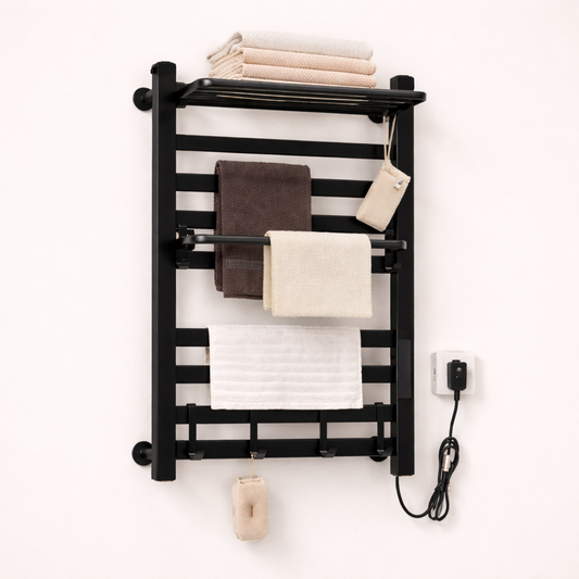 Porte-serviettes Électrique Noir Design - Thermostat Intelligent & Étagère Pliable