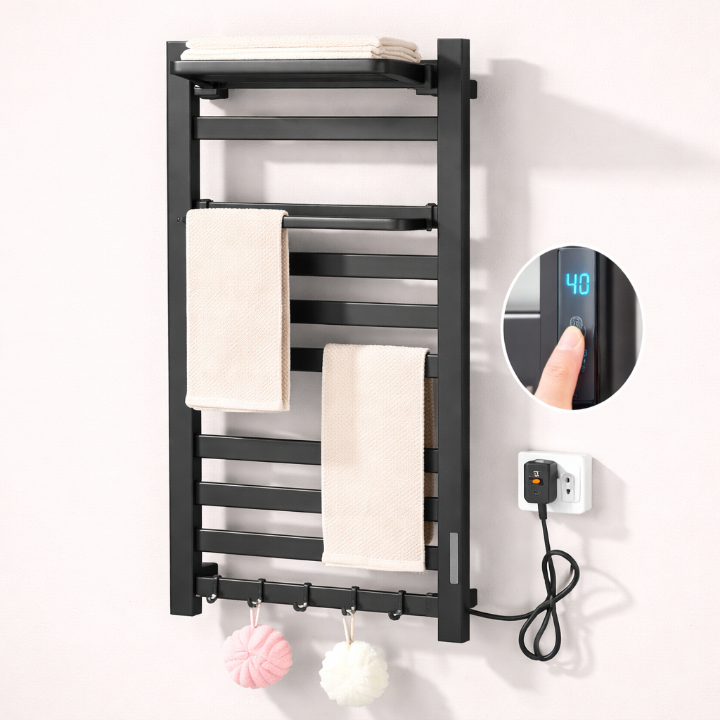 Sèche-serviette Électrique Noir Mat en Acier Inoxydable - Contrôle Tactile & Pliable