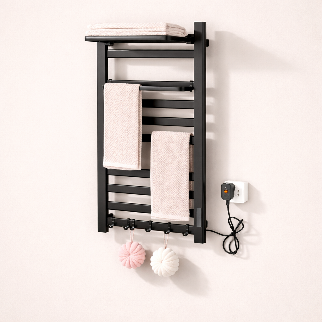 Sèche-serviette Électrique Noir Mat en Acier Inoxydable - Contrôle Tactile & Pliable