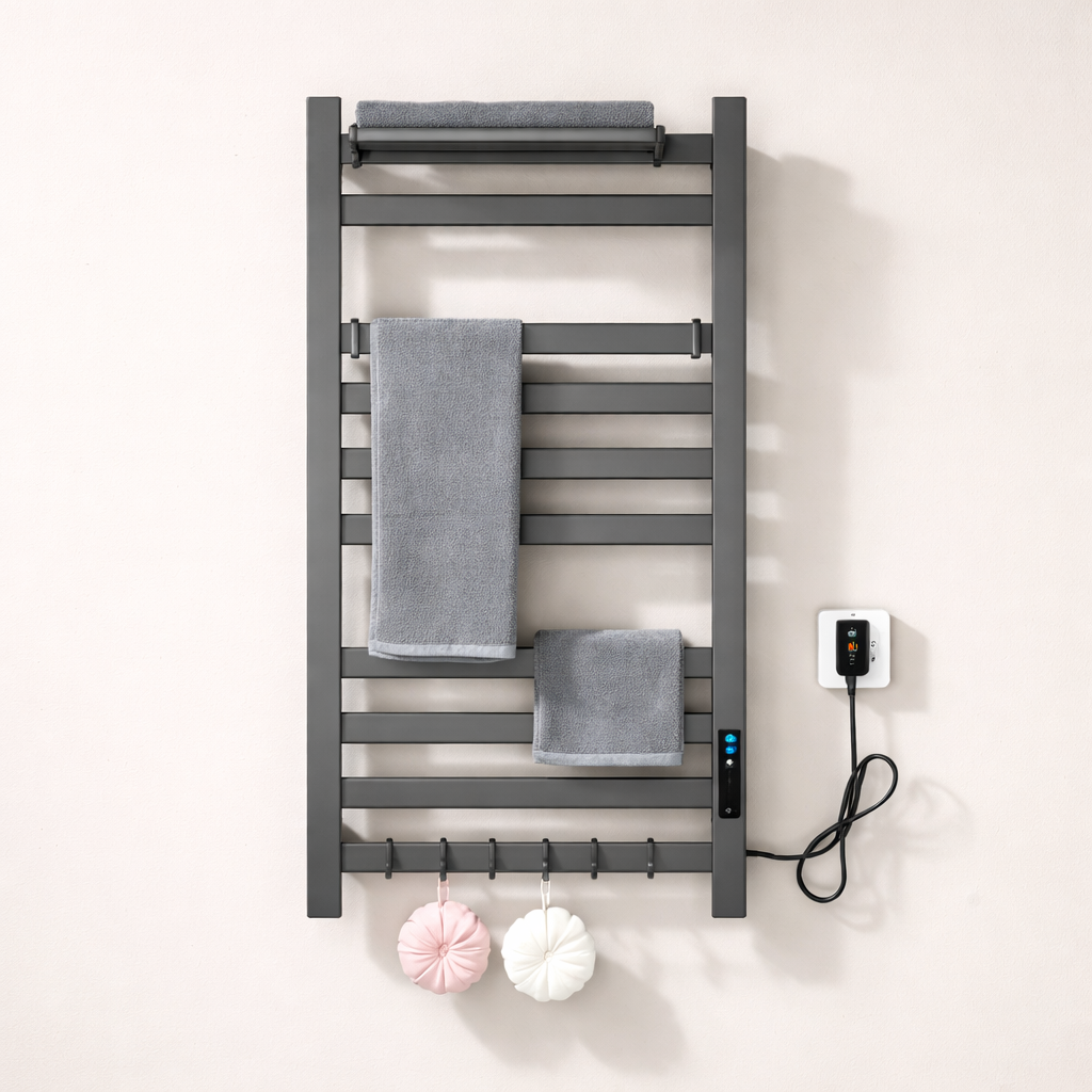 Sèche-serviettes Électrique Noir en Acier Inoxydable - Thermostat Tactile et Affichage Numérique