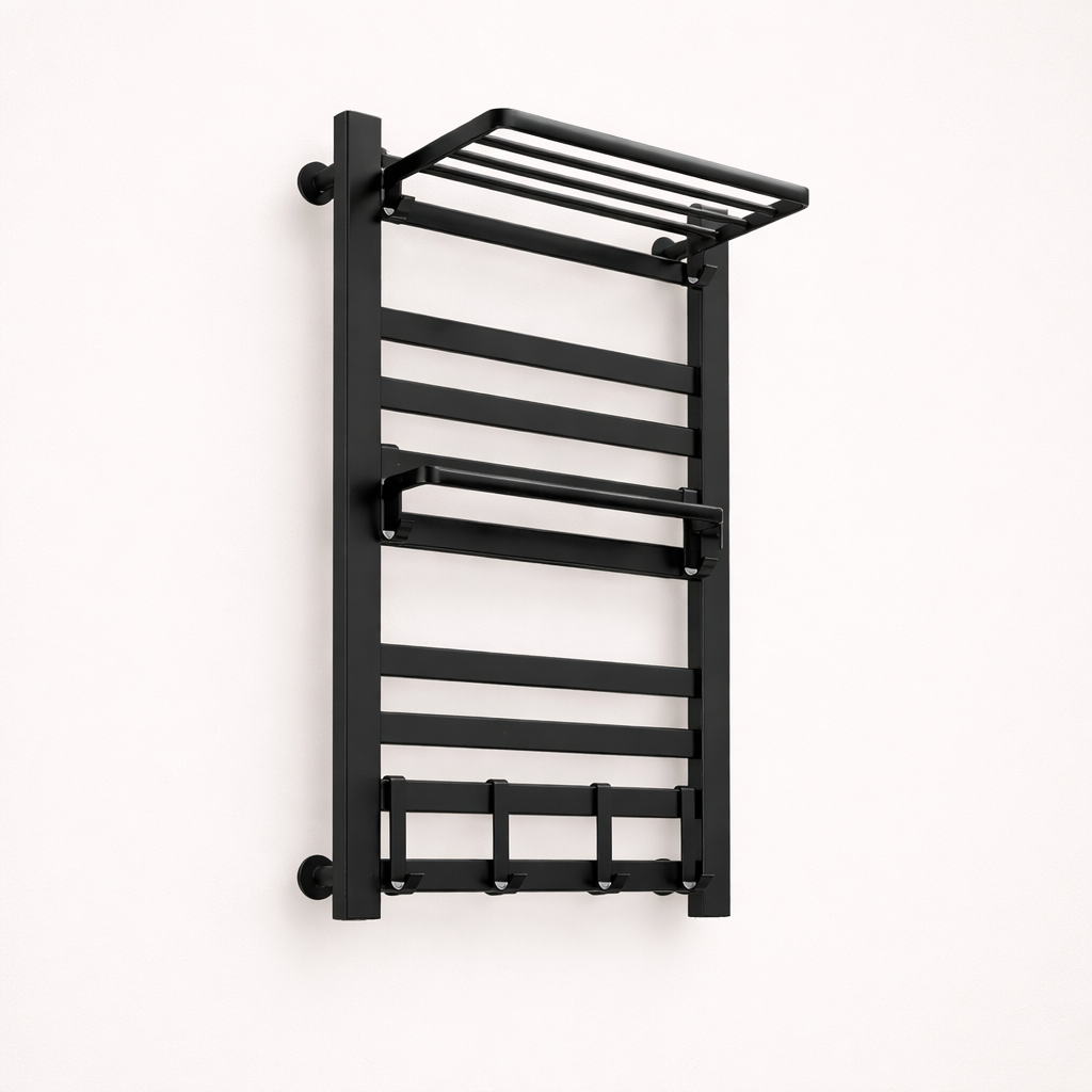 Porte-serviettes Électrique Noir Design - Thermostat Intelligent & Étagère Pliable