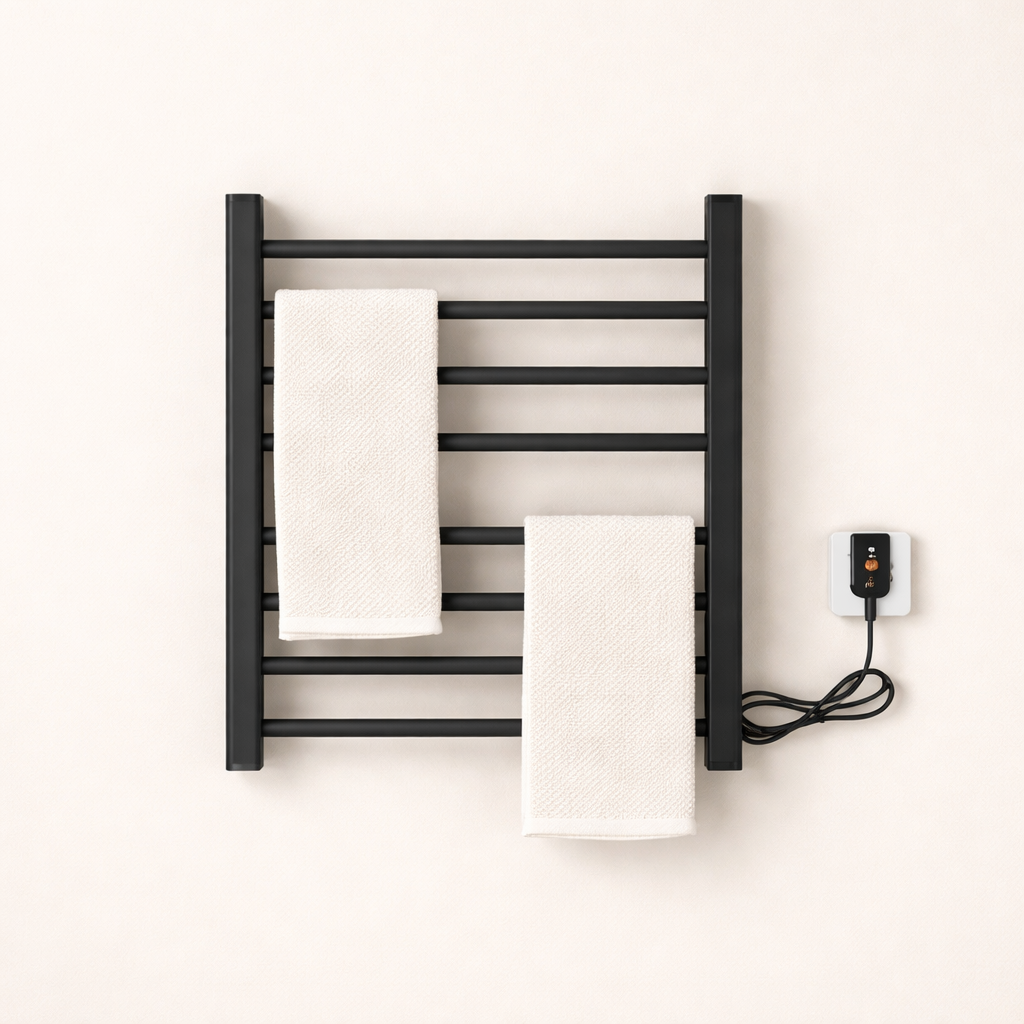 Porte-serviettes Électrique Noir Design - Thermostat Intelligent & Étagère Pliable