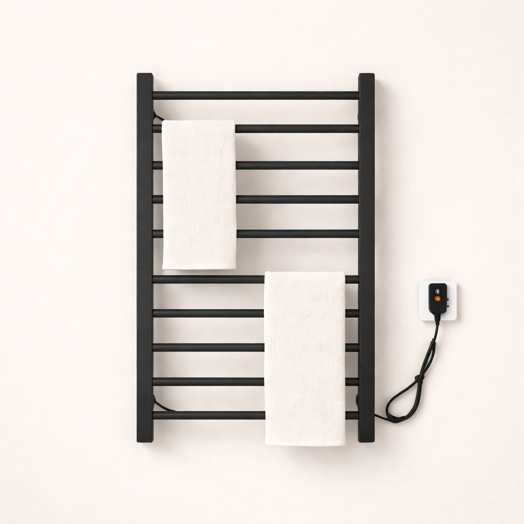 Porte-serviettes Électrique Noir Design - Thermostat Intelligent & Étagère Pliable
