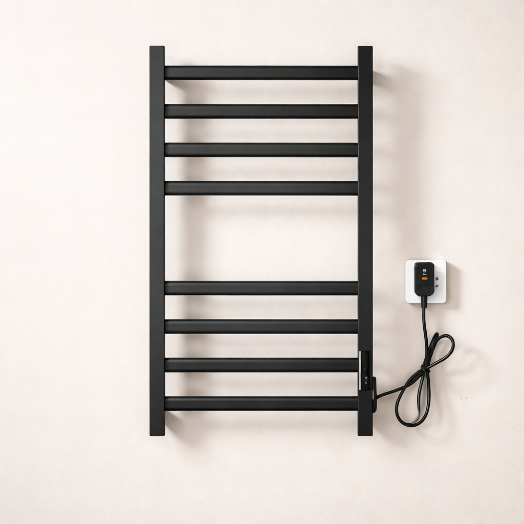 Sèche-serviettes Électrique Noir en Acier Inoxydable - Thermostat Tactile et Affichage Numérique