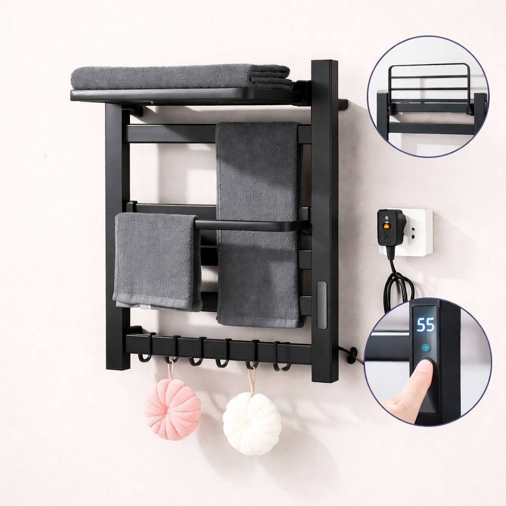 Sèche-serviette Électrique Noir Mat en Acier Inoxydable - Contrôle Tactile & Pliable