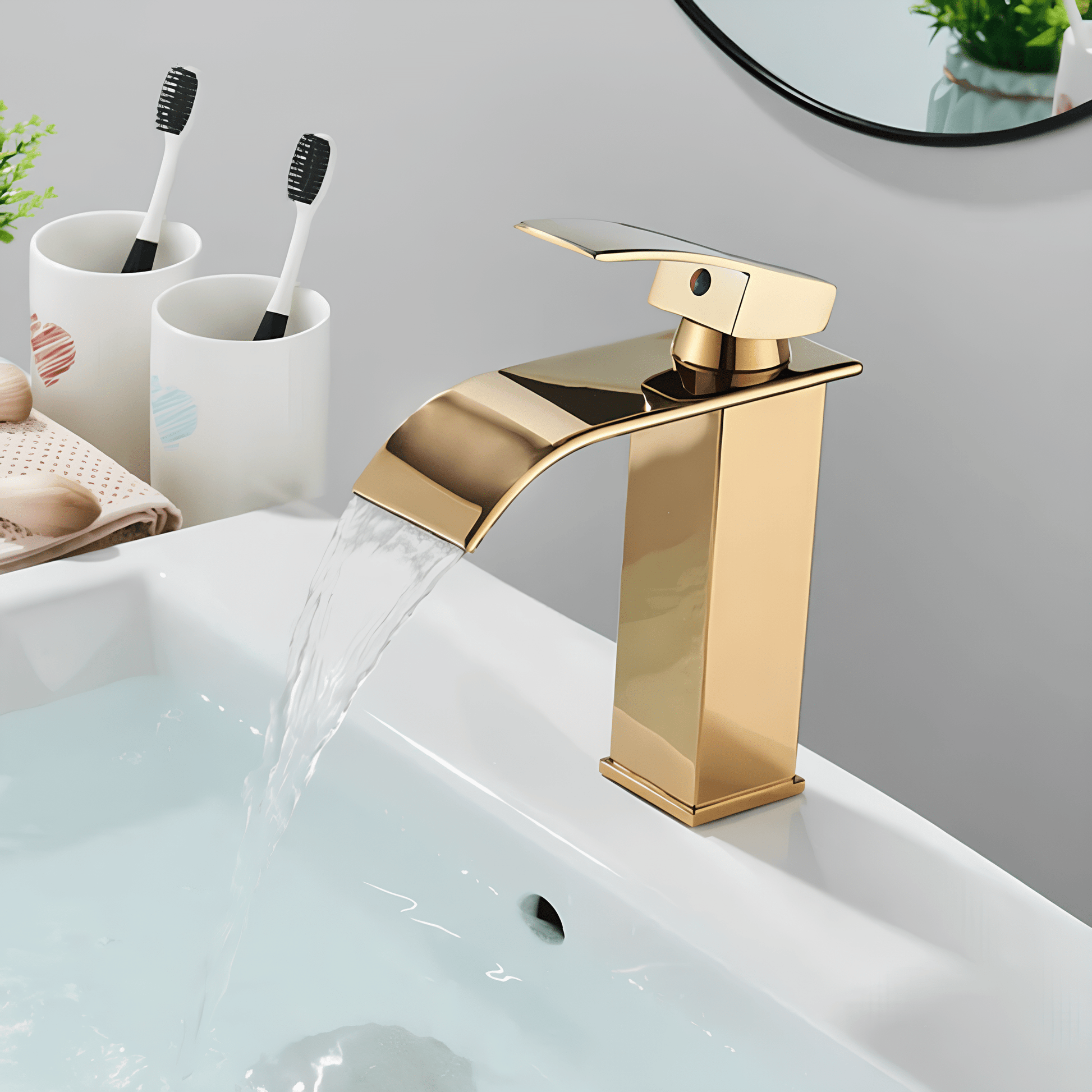 Robinet cascade doré salle de bain | Finition polie