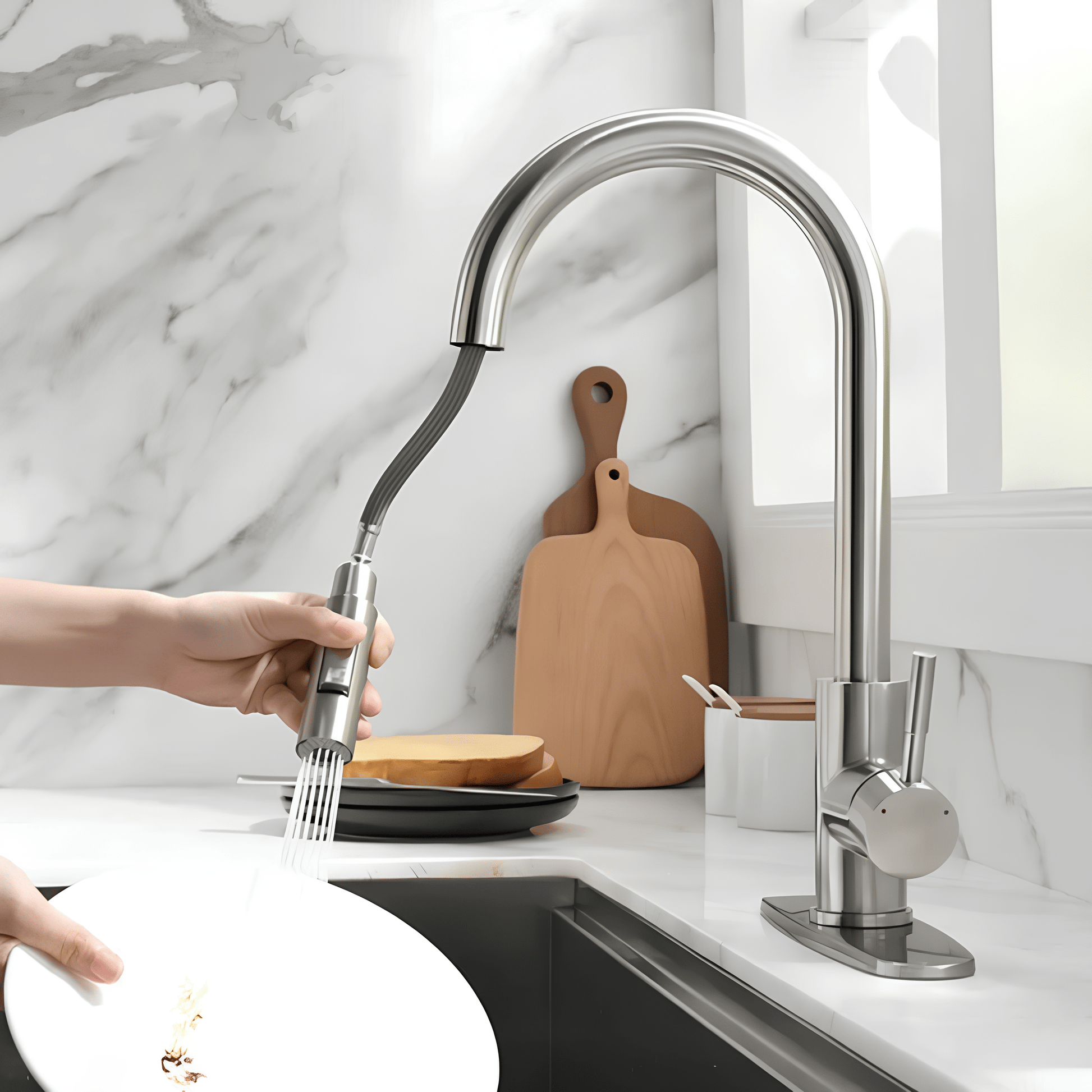 Robinet cuisine doré bec extractible – Laiton brossé