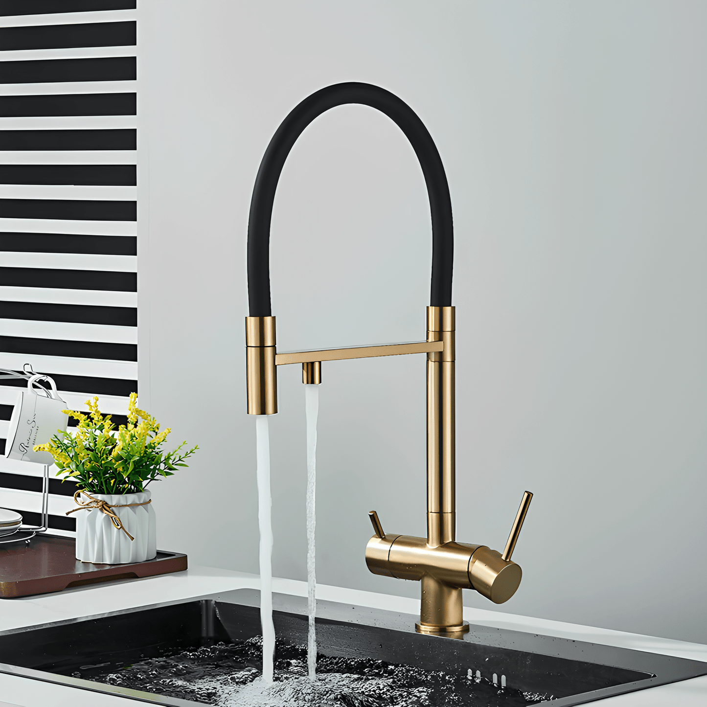Robinet cuisine douchette  – eau filtrée + eau chaude/froide